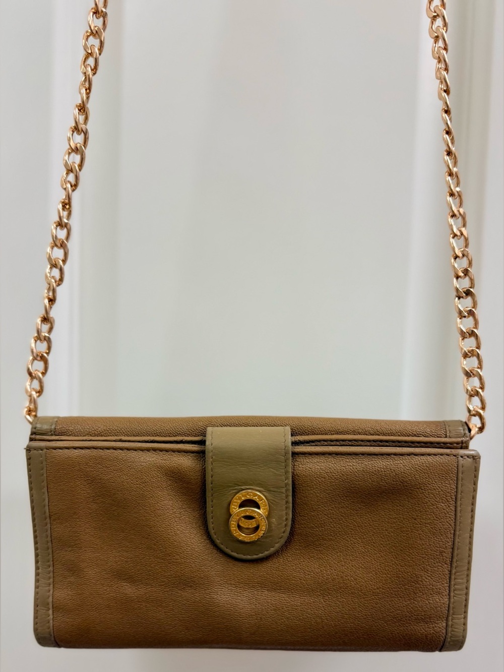 BVLGARI Vintage Y2K Quiet Luxury Tan Leather Wallet W/ Crossbody - Fits IPhone